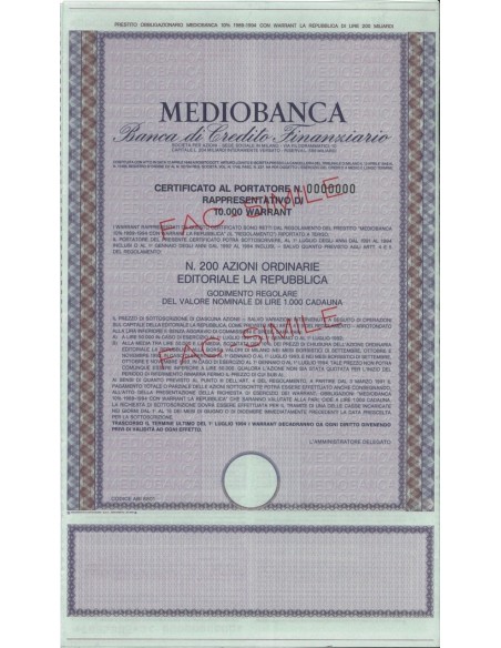 MEDIOBANCA - 10000 WARRANT DI 200 AZIONI - MILANO