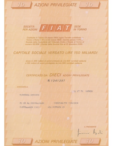 FIAT 10 AZIONI PRIVILEGIATA TORINO 1972