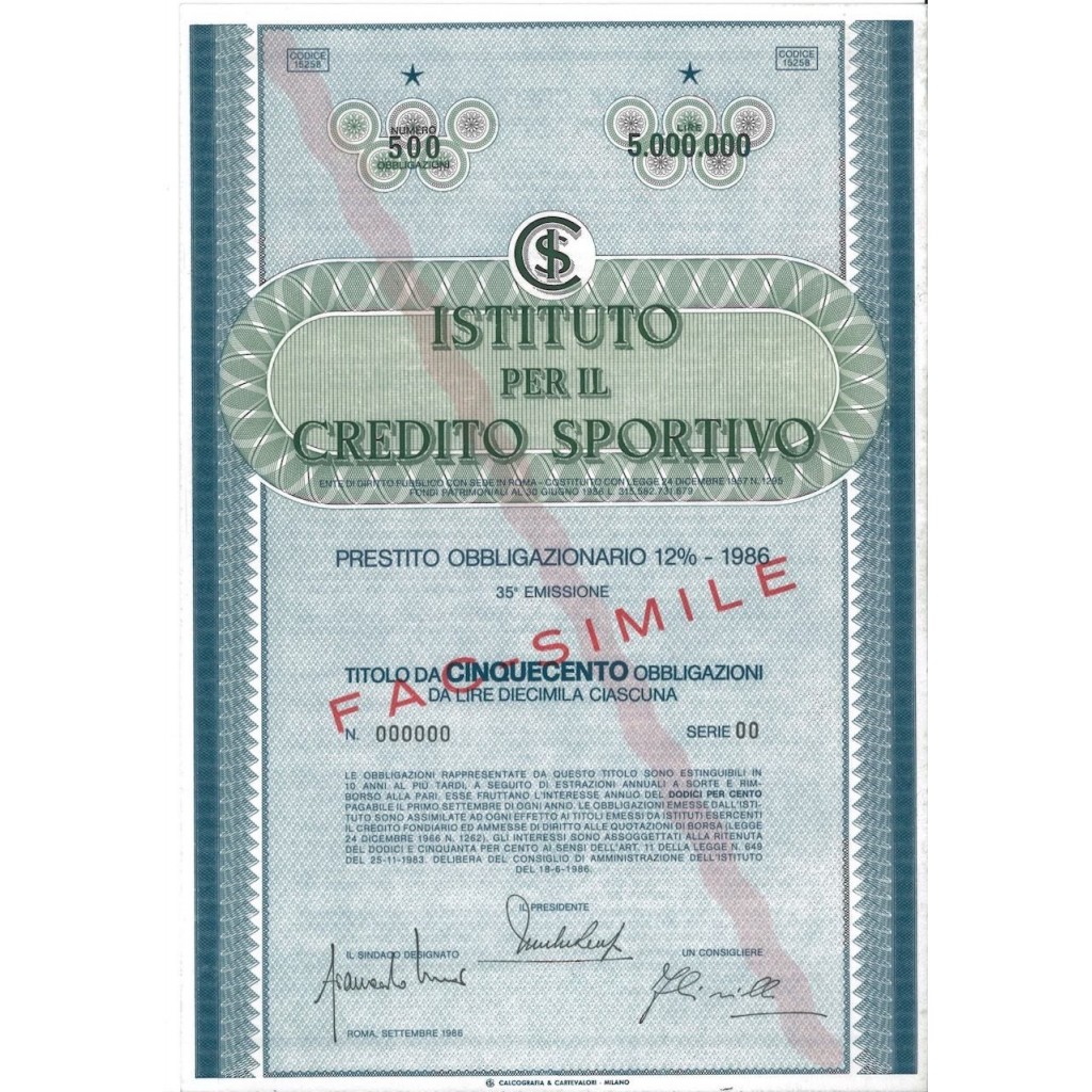 ISTITUTO PER IL CREDITO SPORTIVO - 500 OBBLIGAZ. ROMA 1986