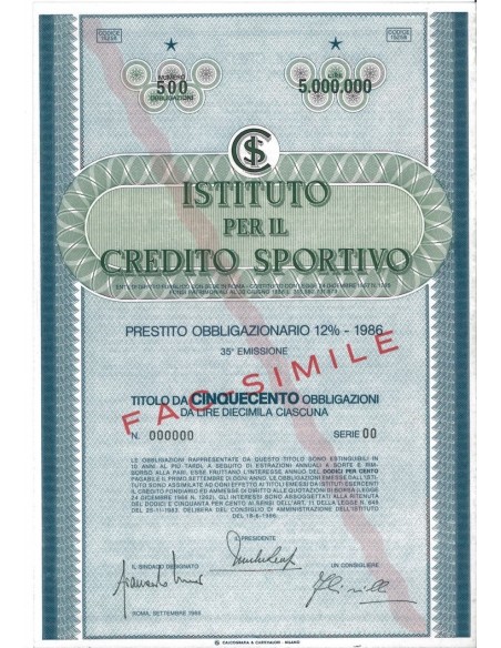 ISTITUTO PER IL CREDITO SPORTIVO - 500 OBBLIGAZ. ROMA 1986