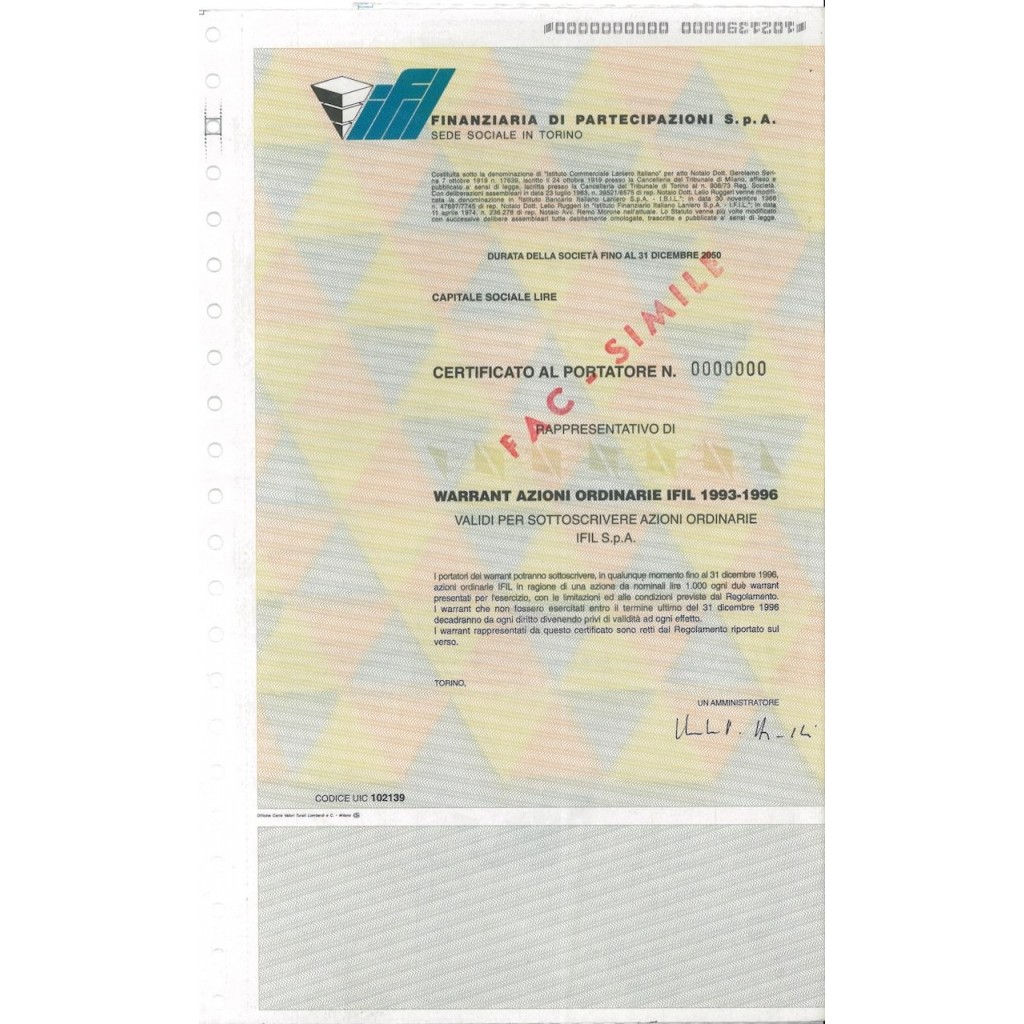 FINANZIARIA DI PARTECIPAZIONI SPA - WARRANT AZIONI 1993-1996 TORINO