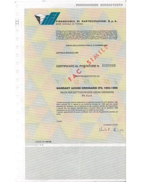 FINANZIARIA DI PARTECIPAZIONI SPA - WARRANT AZIONI 1993-1996 TORINO