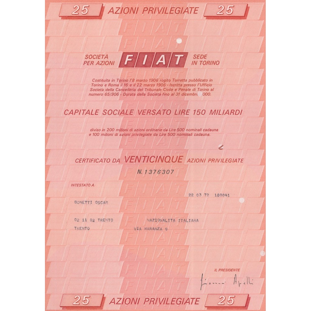 FIAT 25 AZIONi PRIVILEGIATE TORINO