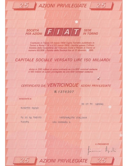 FIAT 25 AZIONi PRIVILEGIATE TORINO