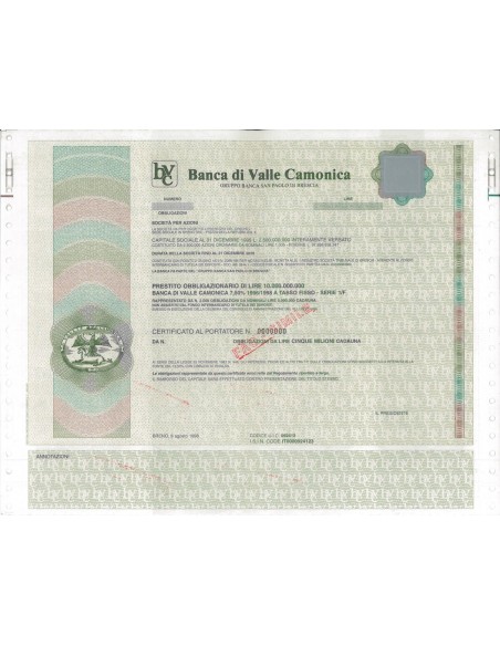 BANCA DI VALLE CAMONICA - OBBLIGAZIONI BRENO 1996