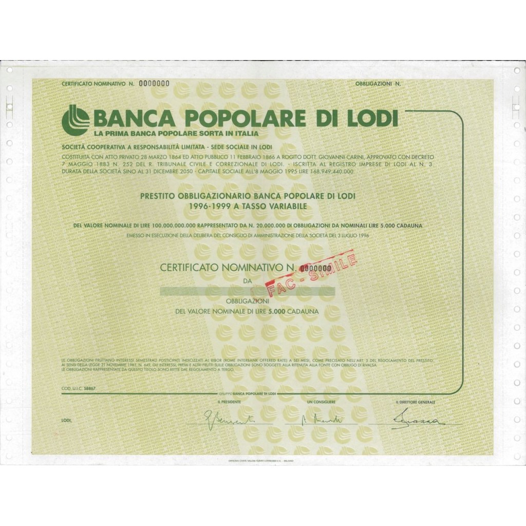BANCA POP. DI LODI - OBBLIGAZIONI LODI 1996-1999