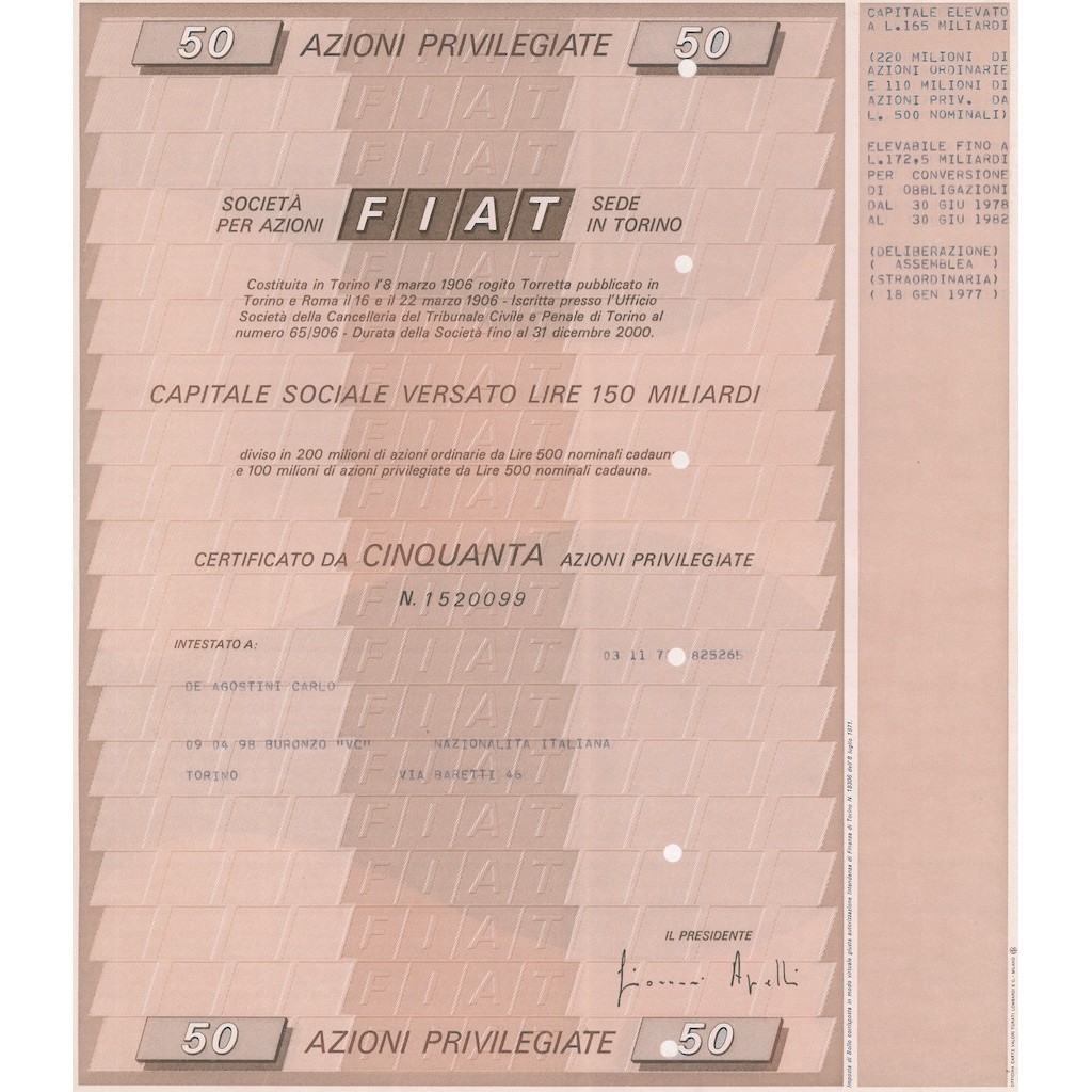 FIAT 50 AZIONI PRIVILEGIATE TORINO