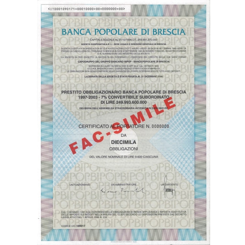 BANCA POP. DI BRESCIA - 10000 OBBLIGAZIONI - BRESCIA 1997