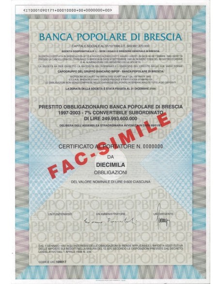 BANCA POP. DI BRESCIA - 10000 OBBLIGAZIONI - BRESCIA 1997