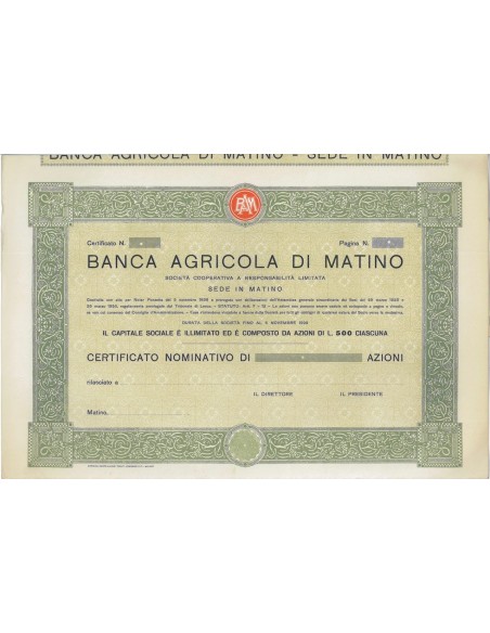 BANCA AGRICOLA DI MATINO - AZIONI 1899