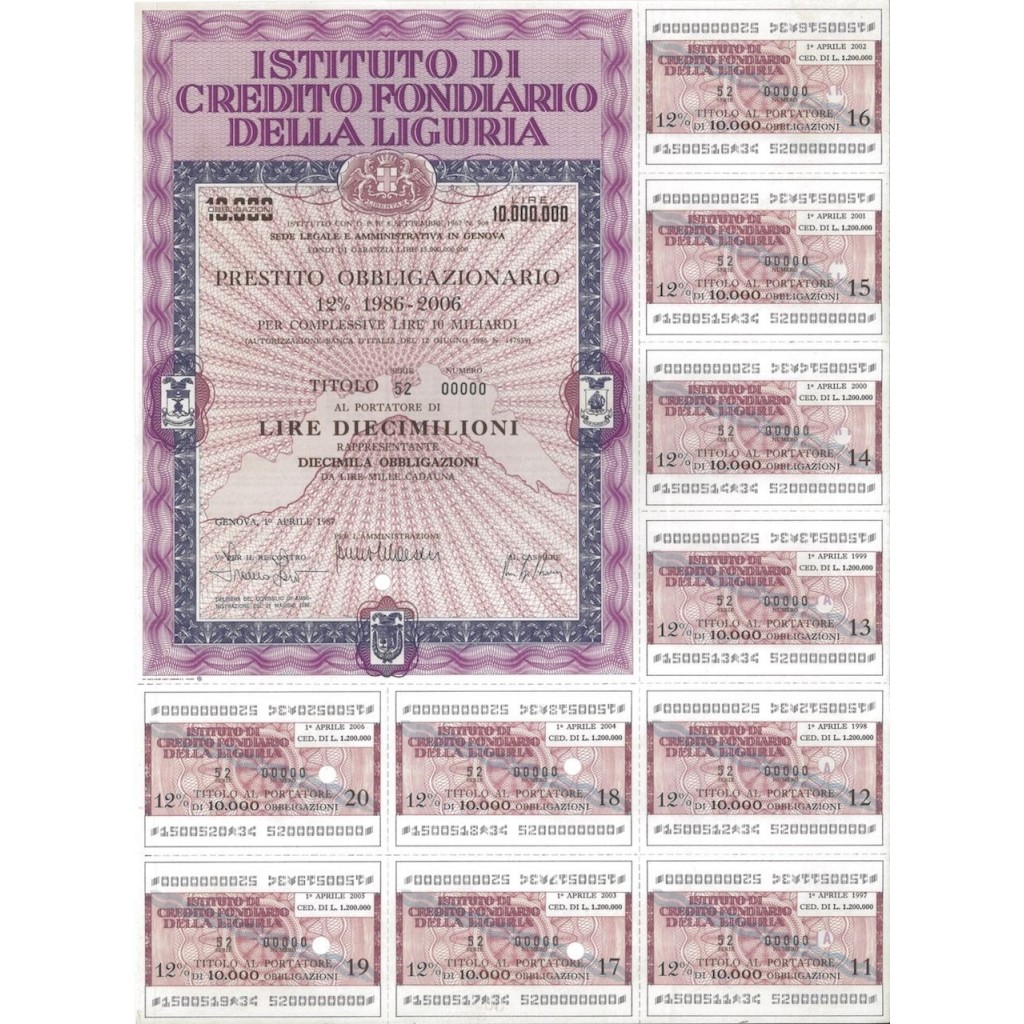 ISTITUTO FONDIARIO DELLA LIGURA - 10000 OBBLIG. GENOVA 1987