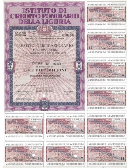 ISTITUTO FONDIARIO DELLA LIGURA - 10000 OBBLIG. GENOVA 1987