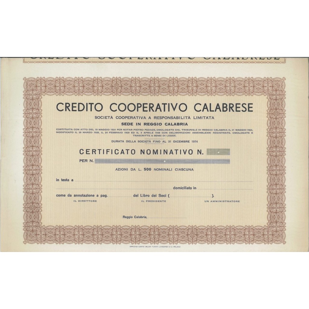 CREDITO COOP. CALABRESE - AZIONI REGGIO CALABRIA 1924