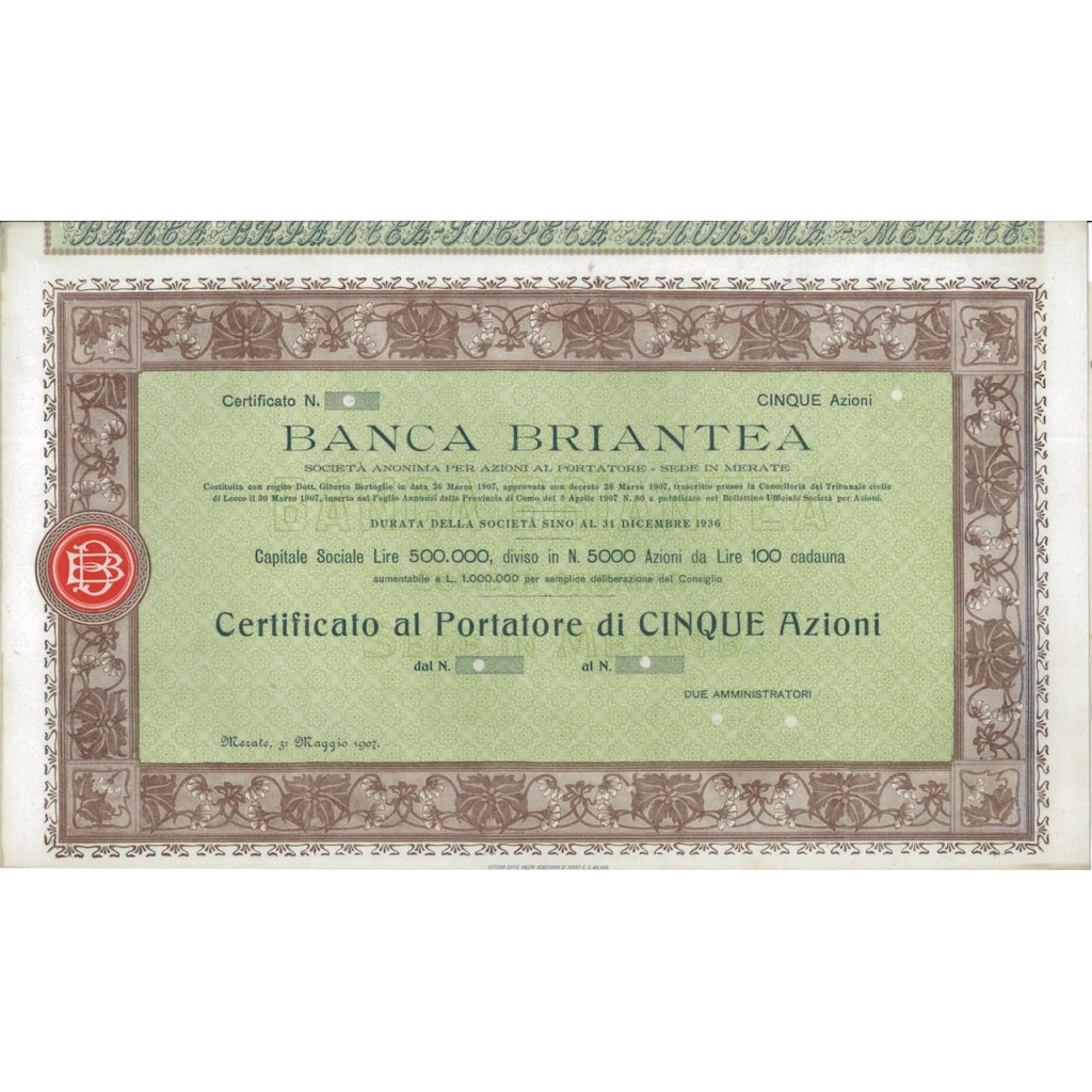 BANCA BRIANTEA - 5 AZIONI MERATE 1907
