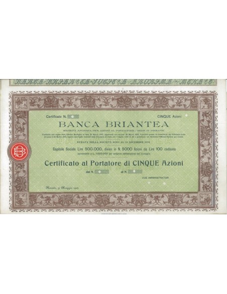 BANCA BRIANTEA - 5 AZIONI MERATE 1907