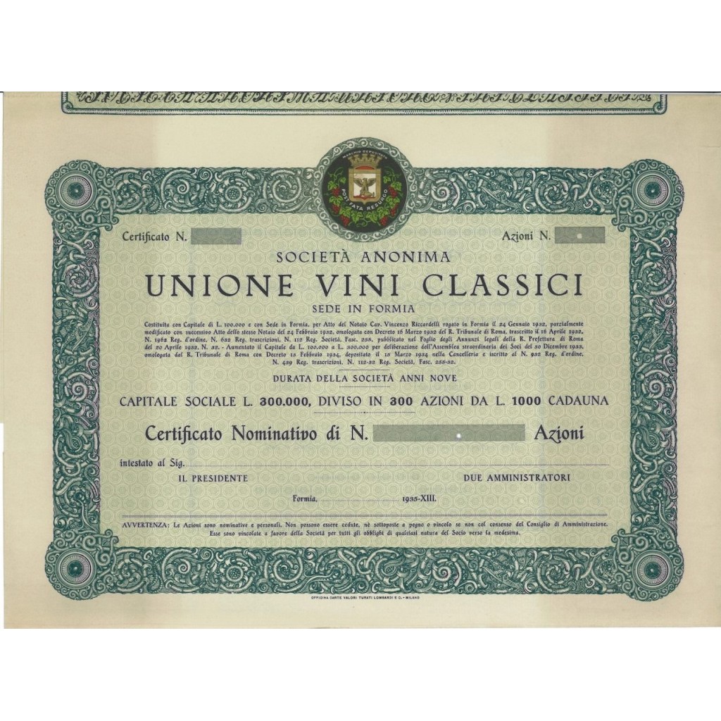 UNIONE VINI CLASSICI - AZIONI - FORMIA 1935