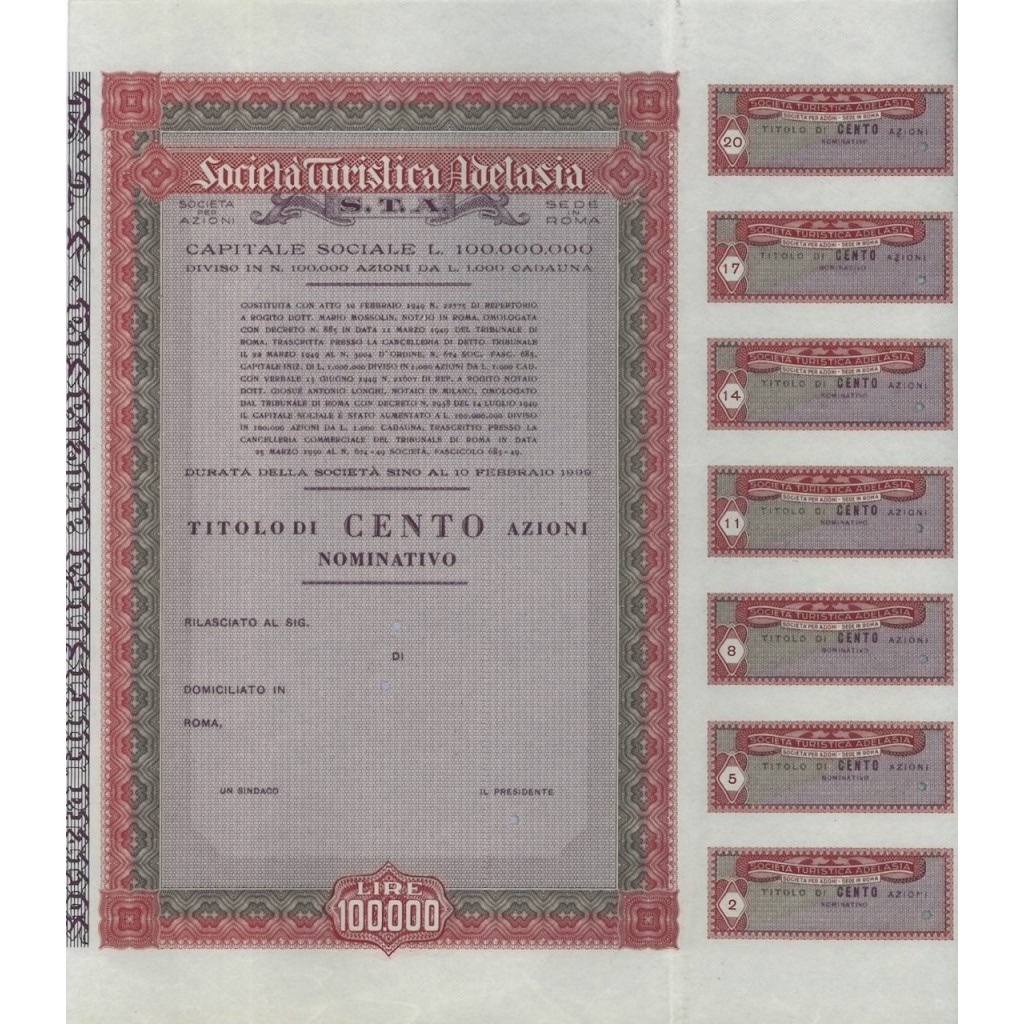 SOCIETA' TURISTICA ADELASIA S.T.A. - 100 AZIONI ROMA 1949