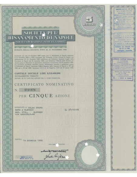 SOCIETA' PEL RISANAMENTO DI NAPOLI 5 AZIONI 1975