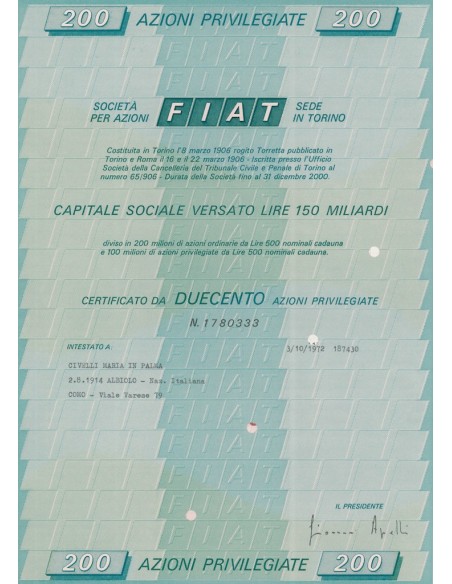 FIAT 200 AZIONI PRIVILEGIATE TORINO