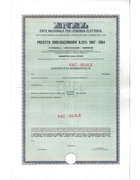 ENEL - OBBLIGAZIONI 9,25% 1987-1994 ROMA