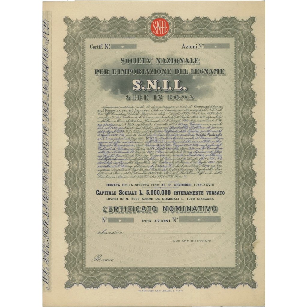 SOC. NAZ. PER L'IMPORTAZIONE DEL LEGNAME SNIL - AZIONI ROMA 1939