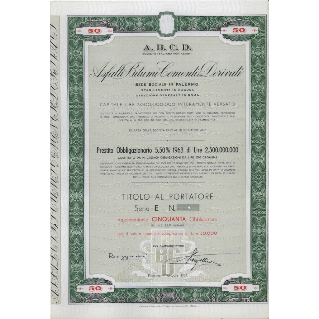 A.B.C.D. ASFALTI BITUMI CEMENTI DERIVATI - 50 OBBLIGAZ. PALERMO 1963