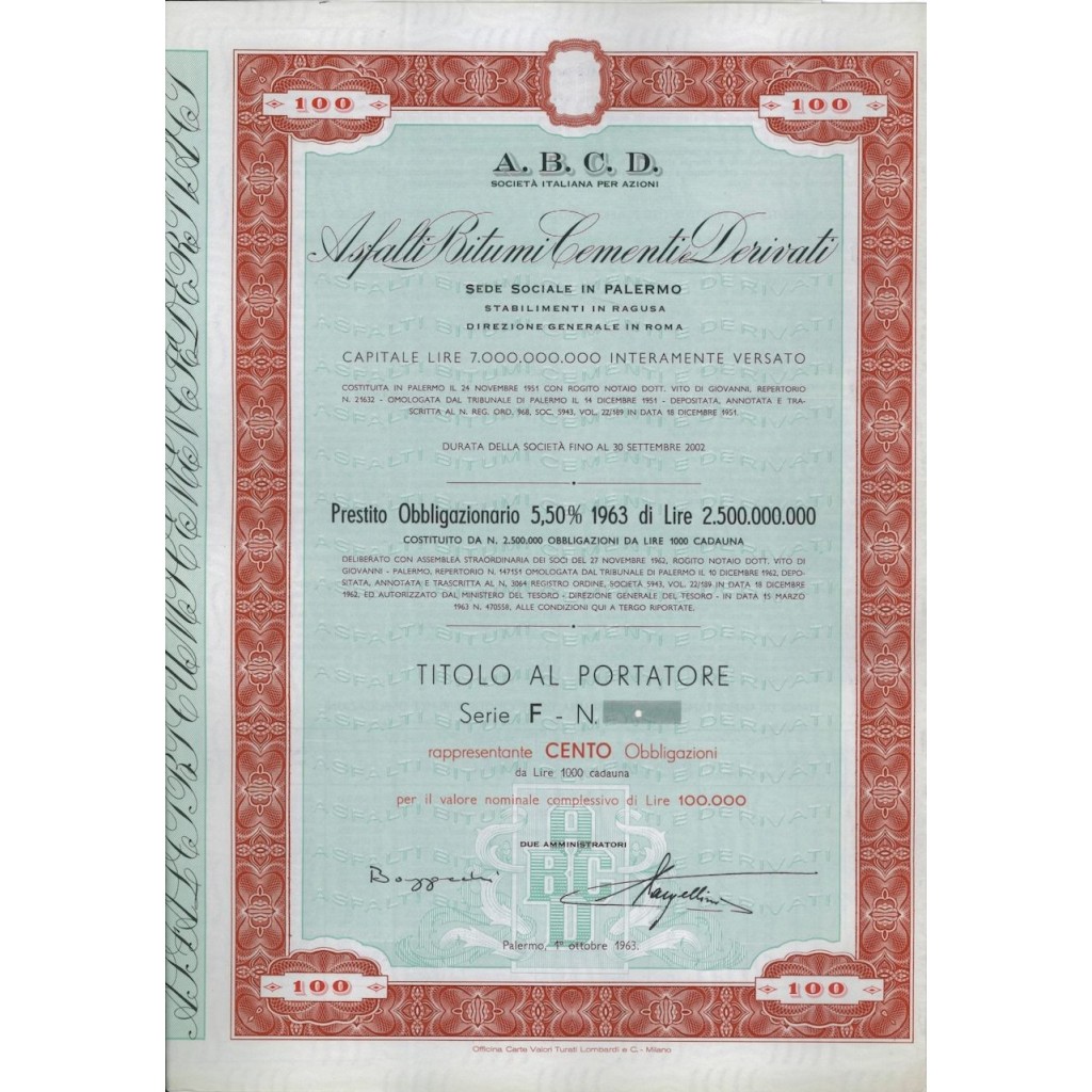 A.B.C.D. ASFALTI BITUMI CEMENTI DERIVATI - 100 OBBLIGAZ. PALERMO 1963