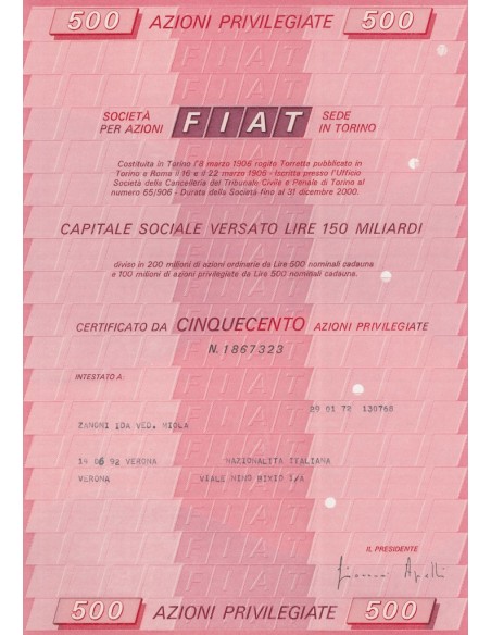 FIAT 500 AZIONI PRIVILEGIATE TORINO