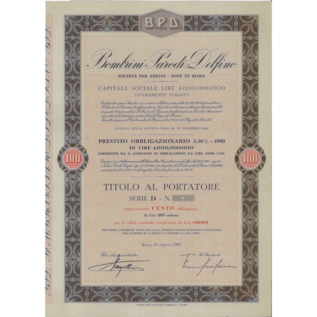 BOMBRINI PARODI DELFINO - 100 OBBLIGAZ. ROMA 1960