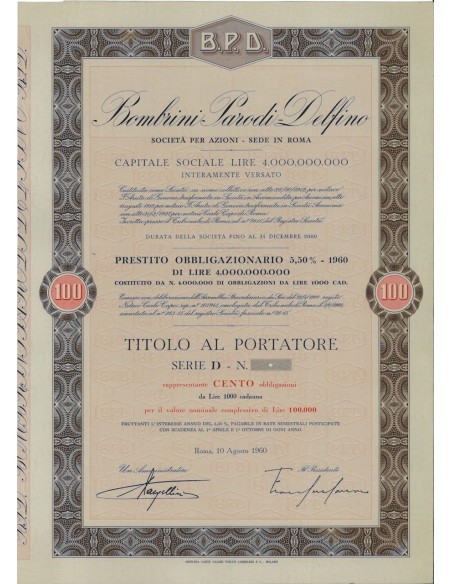 BOMBRINI PARODI DELFINO - 100 OBBLIGAZ. ROMA 1960