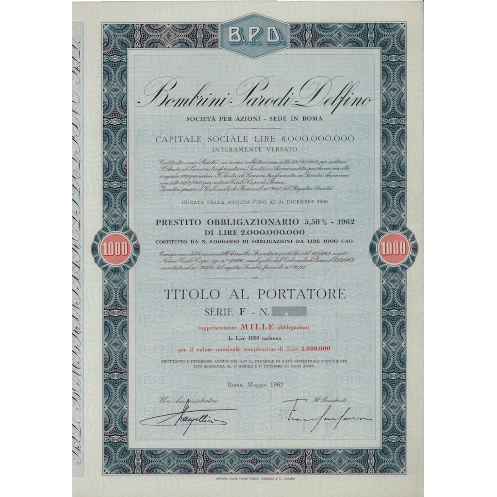 BOMBRINI PARODI DELFINO - 1000 OBBLIGAZ. ROMA 1962