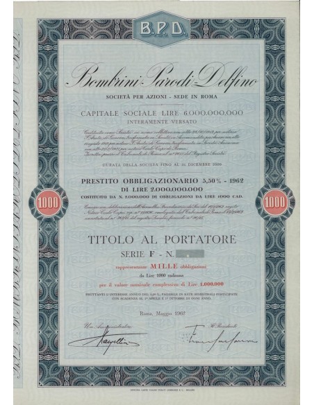 BOMBRINI PARODI DELFINO - 1000 OBBLIGAZ. ROMA 1962