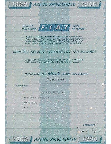 FIAT 1000 AZIONI PRIVILEGIATE TORINO