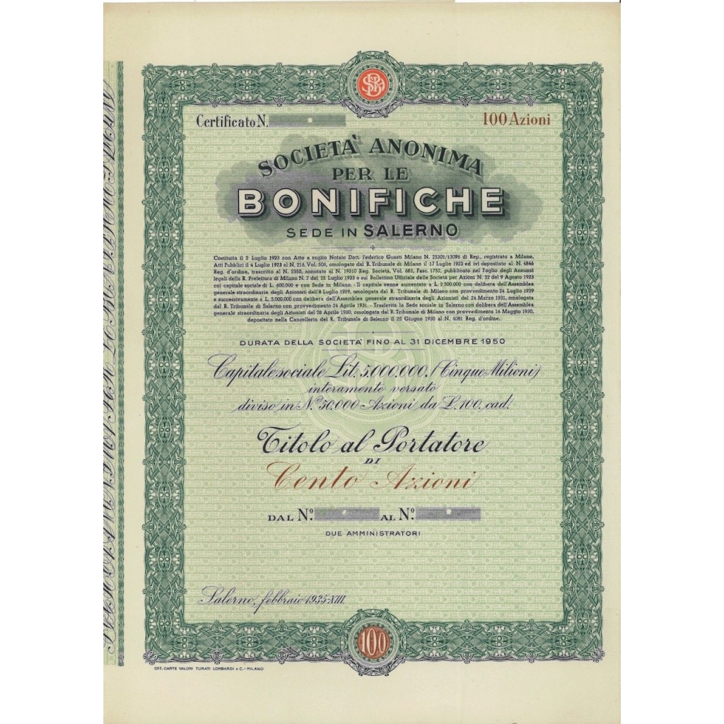 SOC. ANON. PER LE BONIFICHE - 100 AZIONI - SALERNO 1935
