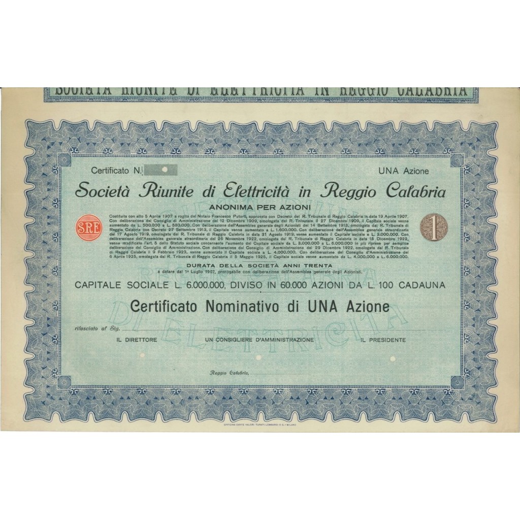 SOC. RIUNITE DI ELETTRICITA' IN REGGIO C. - 1 AZIONE - 1907