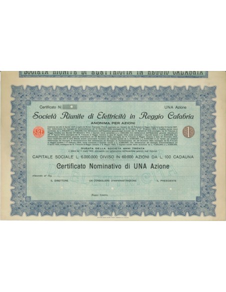 SOC. RIUNITE DI ELETTRICITA' IN REGGIO C. - 1 AZIONE - 1907