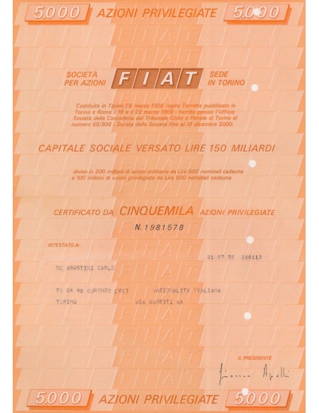 FIAT 5000 AZIONI PRIVILEGIATE TORINO 1972
