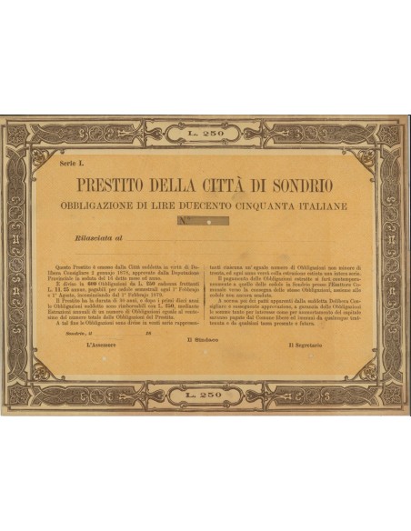 PRESTITO DELLA CITTA' DI SONDRIO - OBBLIGAZIONE 1878
