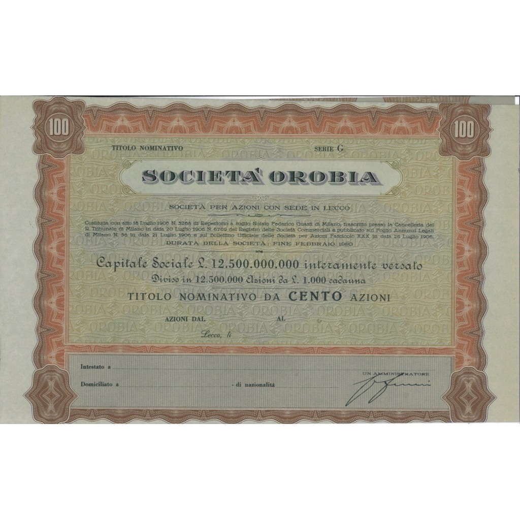 SOC. OROBIA - 100 AZIONI LECCO 1906