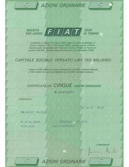 FIAT 5 AZIONI ORDINARIE TORINO 1972