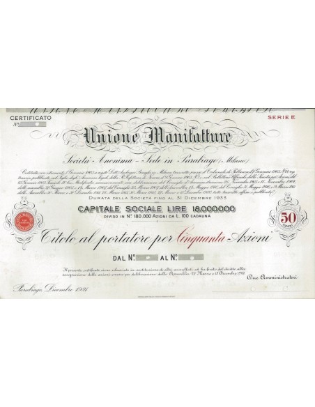 UNIONE MANIFATTURE SOC. ANONIMA - 50 AZIONI PARABIAGO 1921