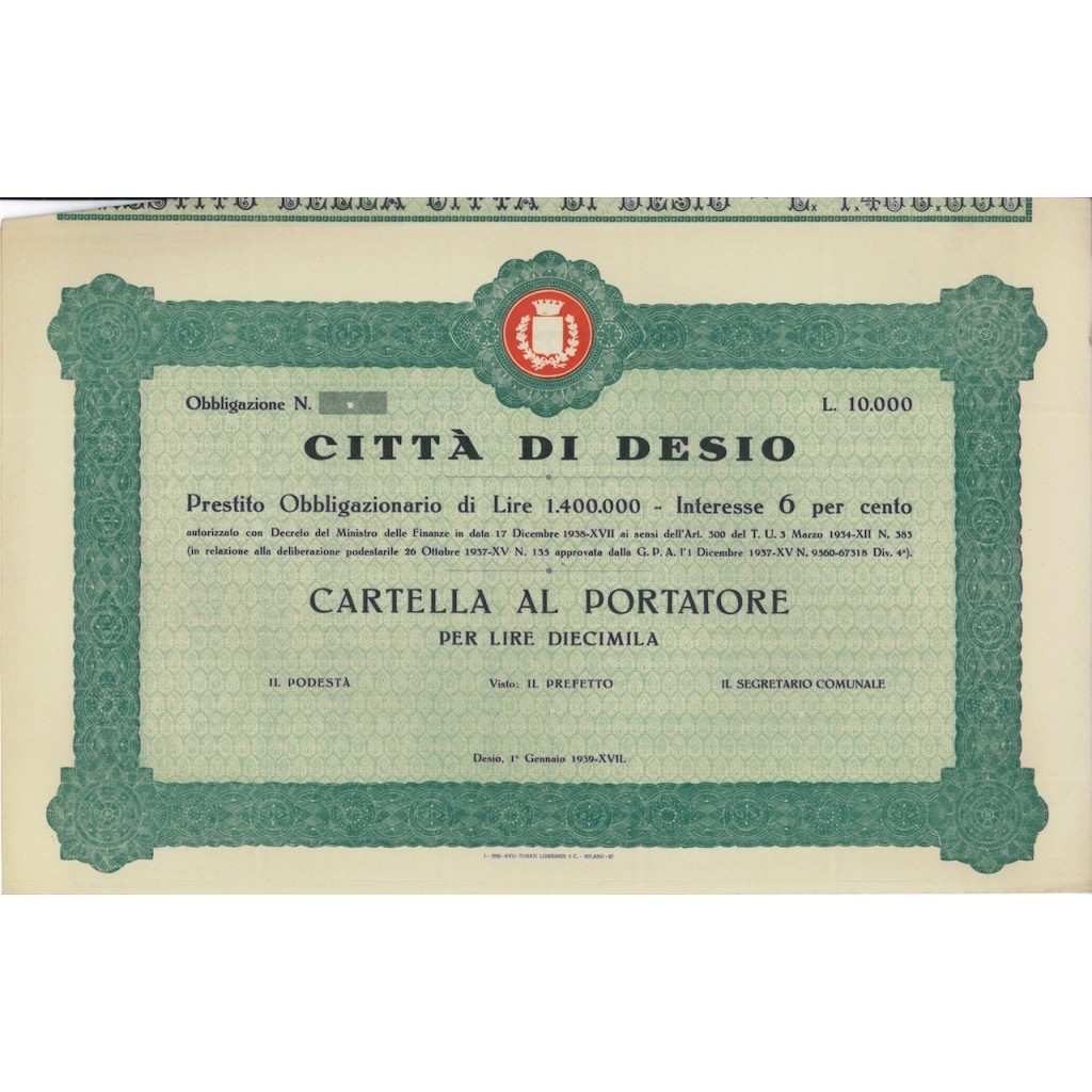 CITTA' DI DESIO - 1 OBBLIGAZIONE - DESIO 1939