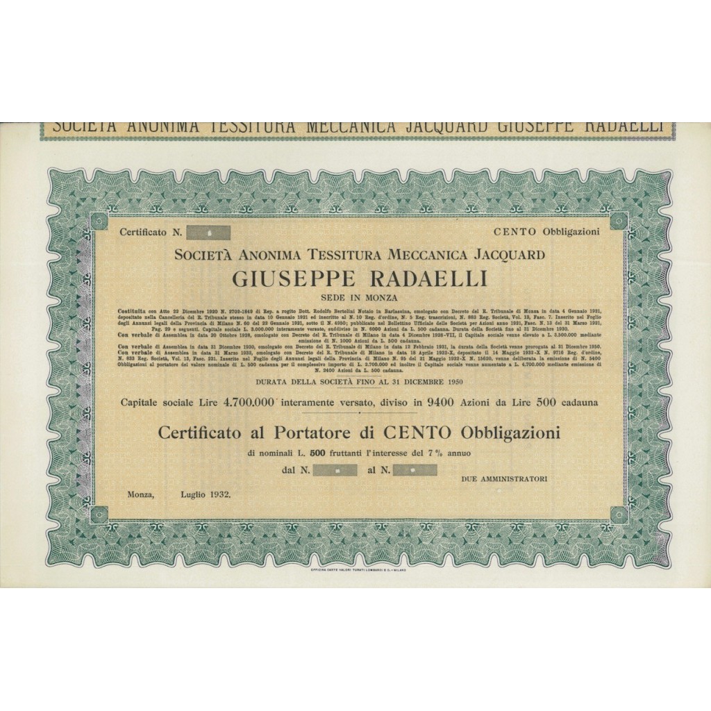 SOC. ANON. TESSIT. MEC. JACQUARD G. RADAELLI - 100 OBB. MONZA 1932