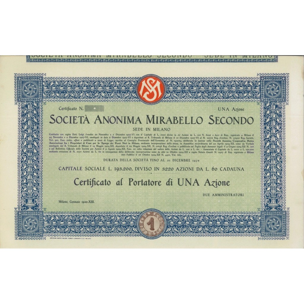 SOC. ANON. MIRABELLO SECONDO - 1 AZIONE MILANO 1935