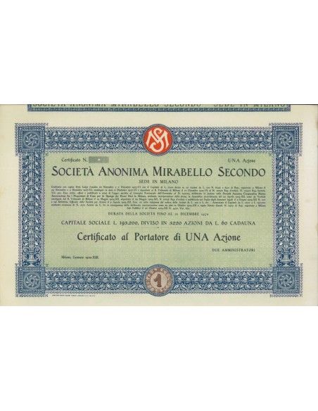 SOC. ANON. MIRABELLO SECONDO - 1 AZIONE MILANO 1935