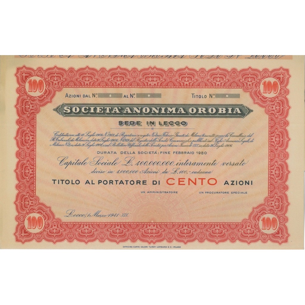 SOC. ANON. OROBIA -100 AZIONI LECCO 1941