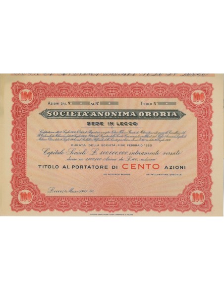 SOC. ANON. OROBIA -100 AZIONI LECCO 1941