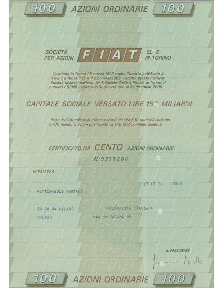 FIAT 100 AZIONE ORDINARIE TORINO 1971