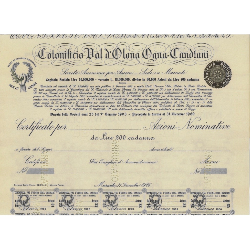 COTONIFICIO VAL D'OLONA OGNA - CANDIANI - AZIONI MARNATE 1926