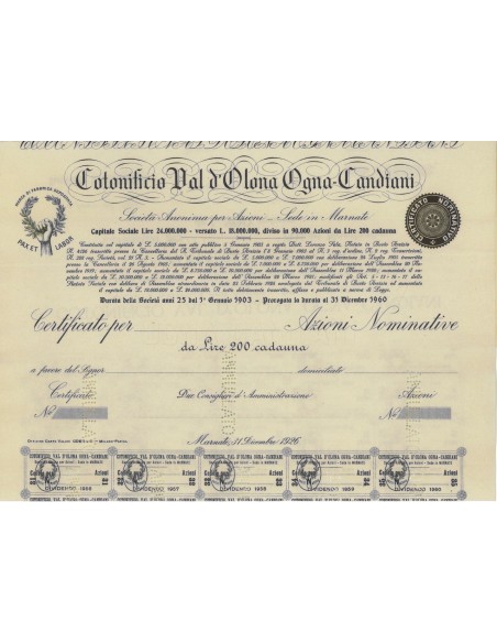 COTONIFICIO VAL D'OLONA OGNA - CANDIANI - AZIONI MARNATE 1926